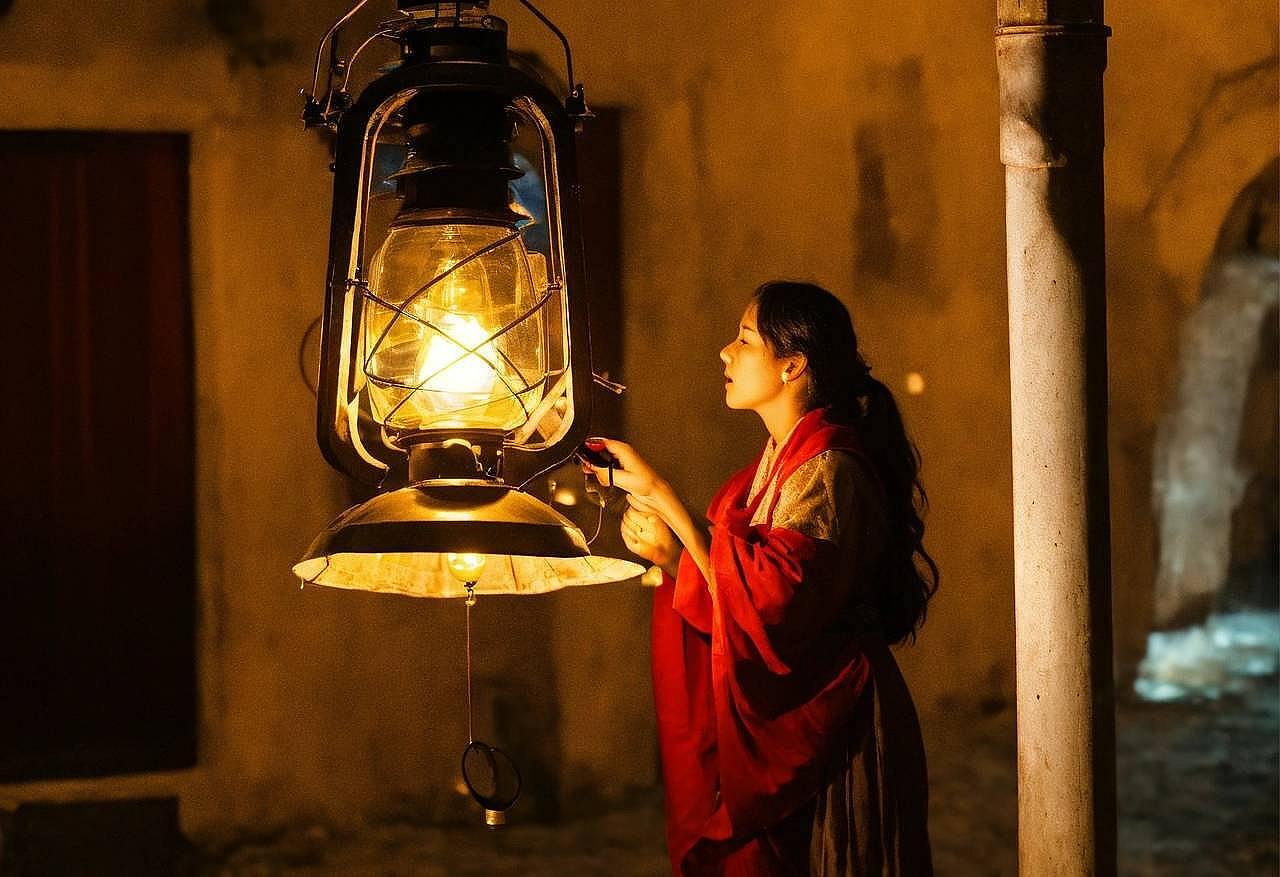 Lantern in a woman's hand (artificial intelligence generated image)