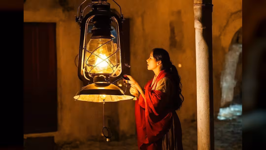 Lantern in a woman's hand (artificial intelligence generated image)